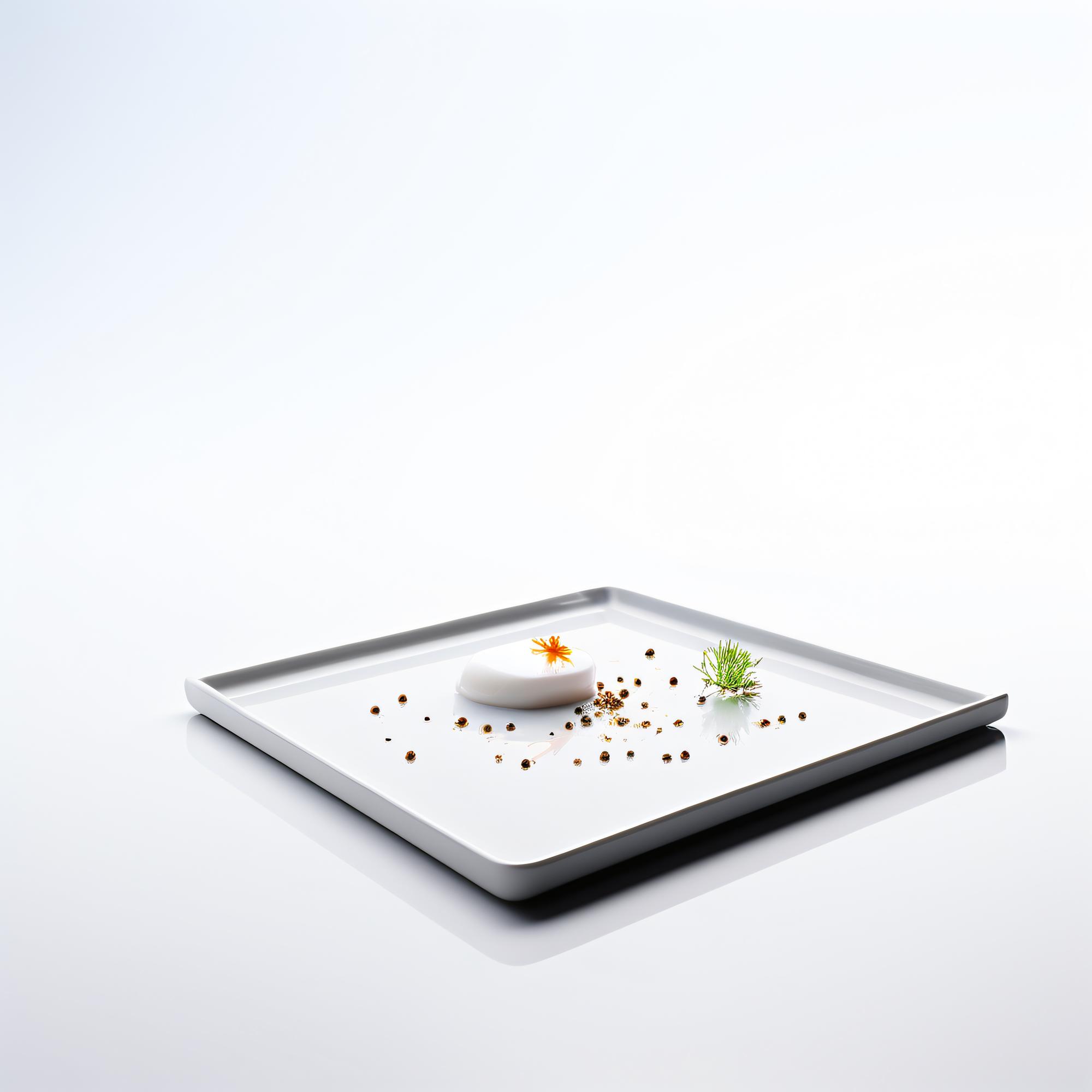 Chef demonstrating a plated dish in a sleek, futuristic kitchen with floating panels